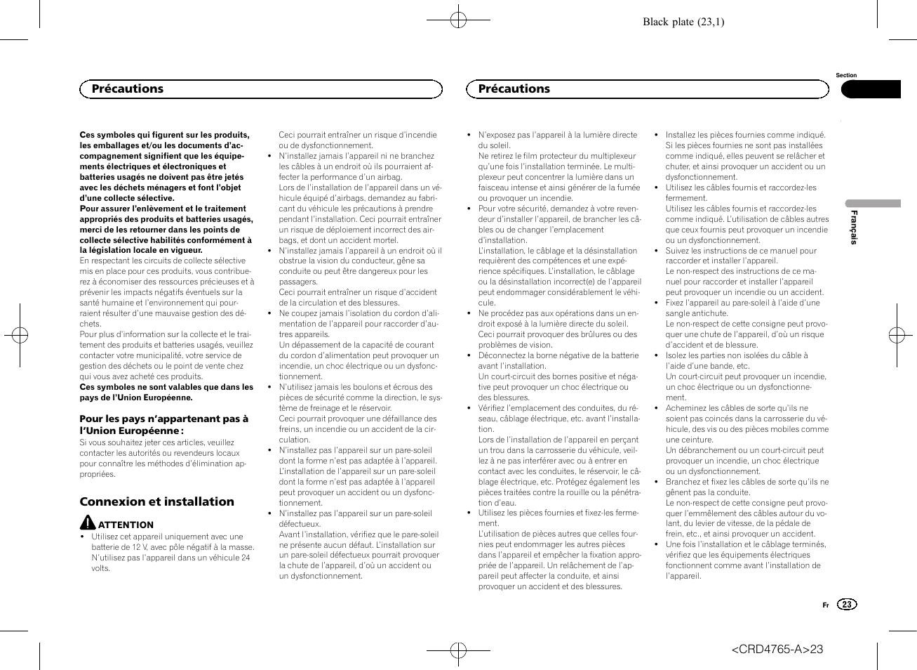 Connexion et installation, Précautions | Pioneer SPX-HUD01 User Manual | Page 23 / 148