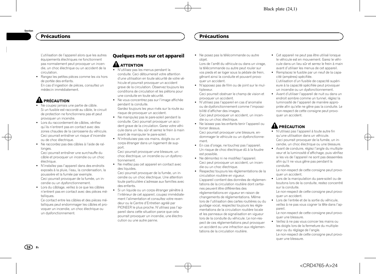 Quelques mots sur cet appareil, Précautions | Pioneer SPX-HUD01 User Manual | Page 24 / 148