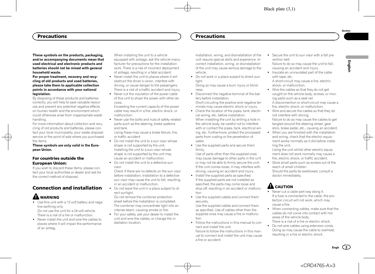 Connection and installation, Precautions | Pioneer SPX-HUD01 User Manual | Page 3 / 148