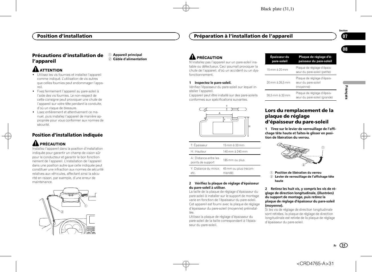 Position d, Installation, Précautions d | Installation de, Appareil, Installation indiquée, Préparation à l, Installation de l’appareil, Lors du remplacement de la plaque de, Réglage d | Pioneer SPX-HUD01 User Manual | Page 31 / 148