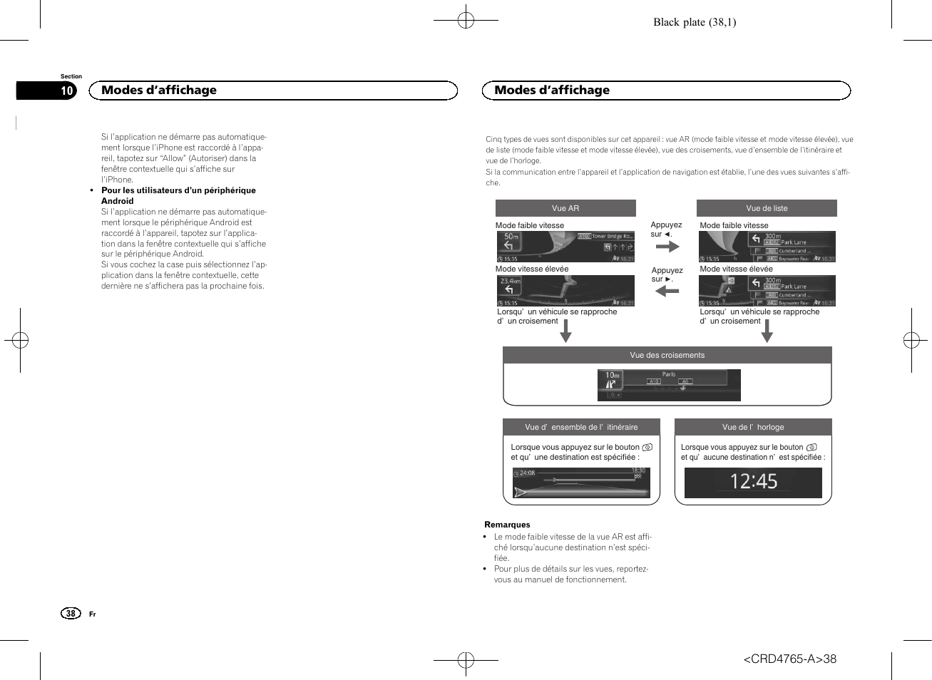 Modes d, Affichage, Modes d ’affichage | Pioneer SPX-HUD01 User Manual | Page 38 / 148