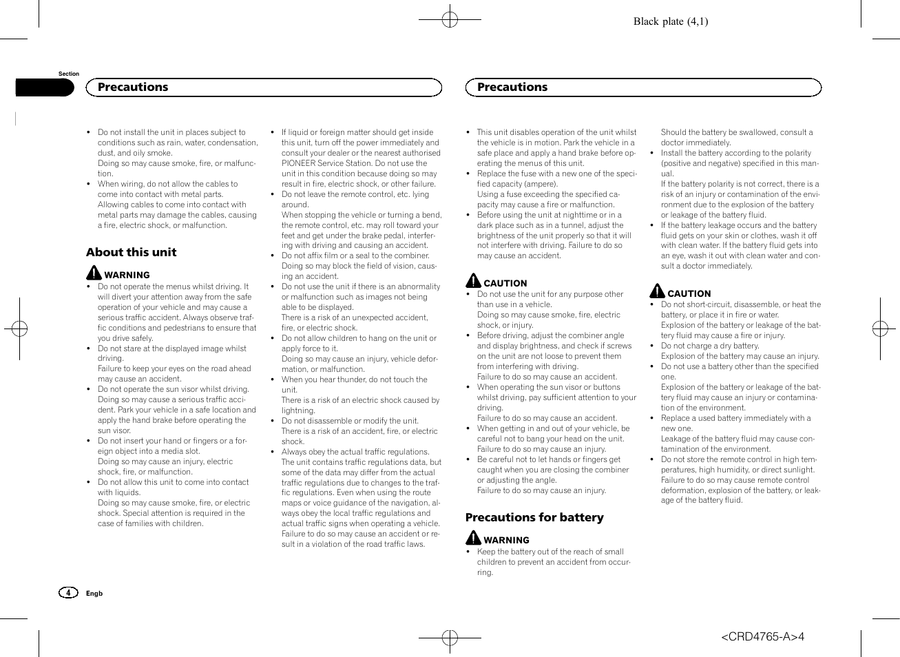 About this unit, Precautions for battery, Precautions | Pioneer SPX-HUD01 User Manual | Page 4 / 148