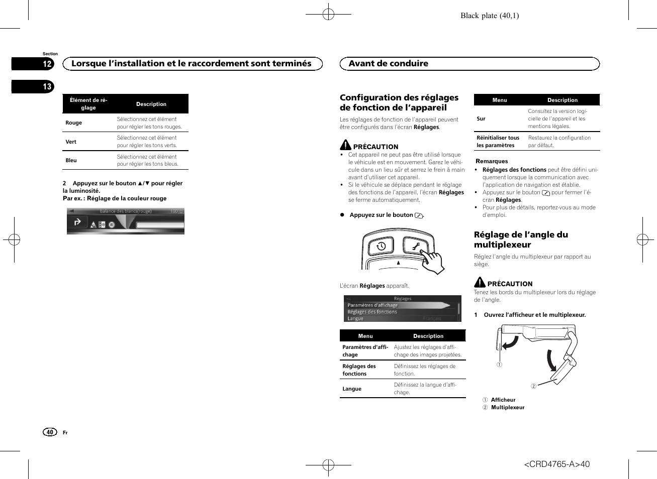 Appareil, Réglage de l, Angle du multiplexeur | Réglage de l ’angle du multiplexeur, Avant de conduire | Pioneer SPX-HUD01 User Manual | Page 40 / 148