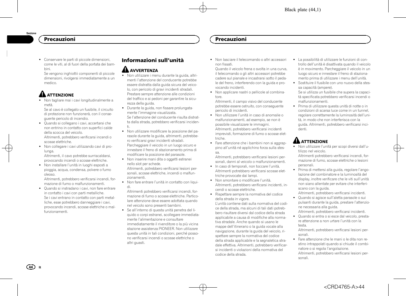 Informazioni sull, Unità, Informazioni sull ’unità | Precauzioni | Pioneer SPX-HUD01 User Manual | Page 44 / 148