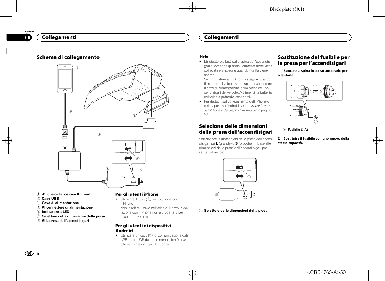 Collegamenti schema di collegamento, Selezione delle dimensioni della presa, Dell | Accendisigari, Sostituzione del fusibile per la presa per | Pioneer SPX-HUD01 User Manual | Page 50 / 148