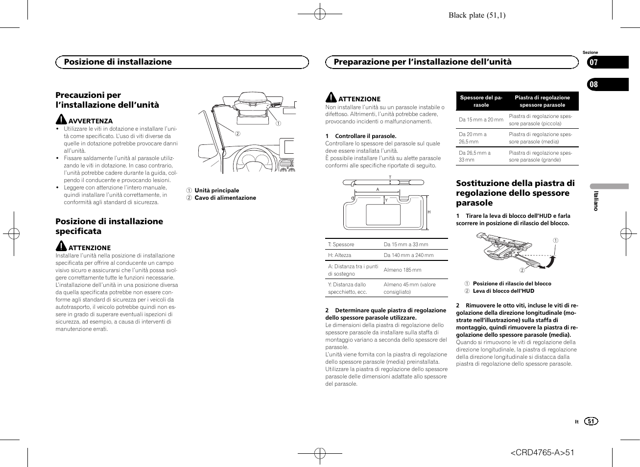 Posizione di installazione precauzioni per l, Installazione, Dell | Unità, Posizione di installazione specificata, Preparazione per l, Sostituzione della piastra di regolazione, Dello spessore parasole, Precauzioni per l ’installazione dell’unità, Posizione di installazione | Pioneer SPX-HUD01 User Manual | Page 51 / 148