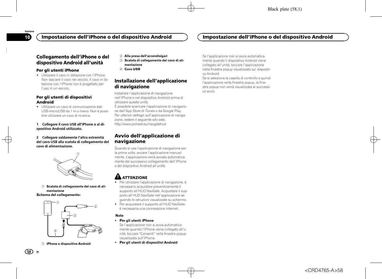 Impostazione dell, Iphone o del, Dispositivo android collegamento dell | Iphone o del dispositivo, Android all, Unità, Installazione dell, Applicazione di, Navigazione, Avvio dell | Pioneer SPX-HUD01 User Manual | Page 58 / 148