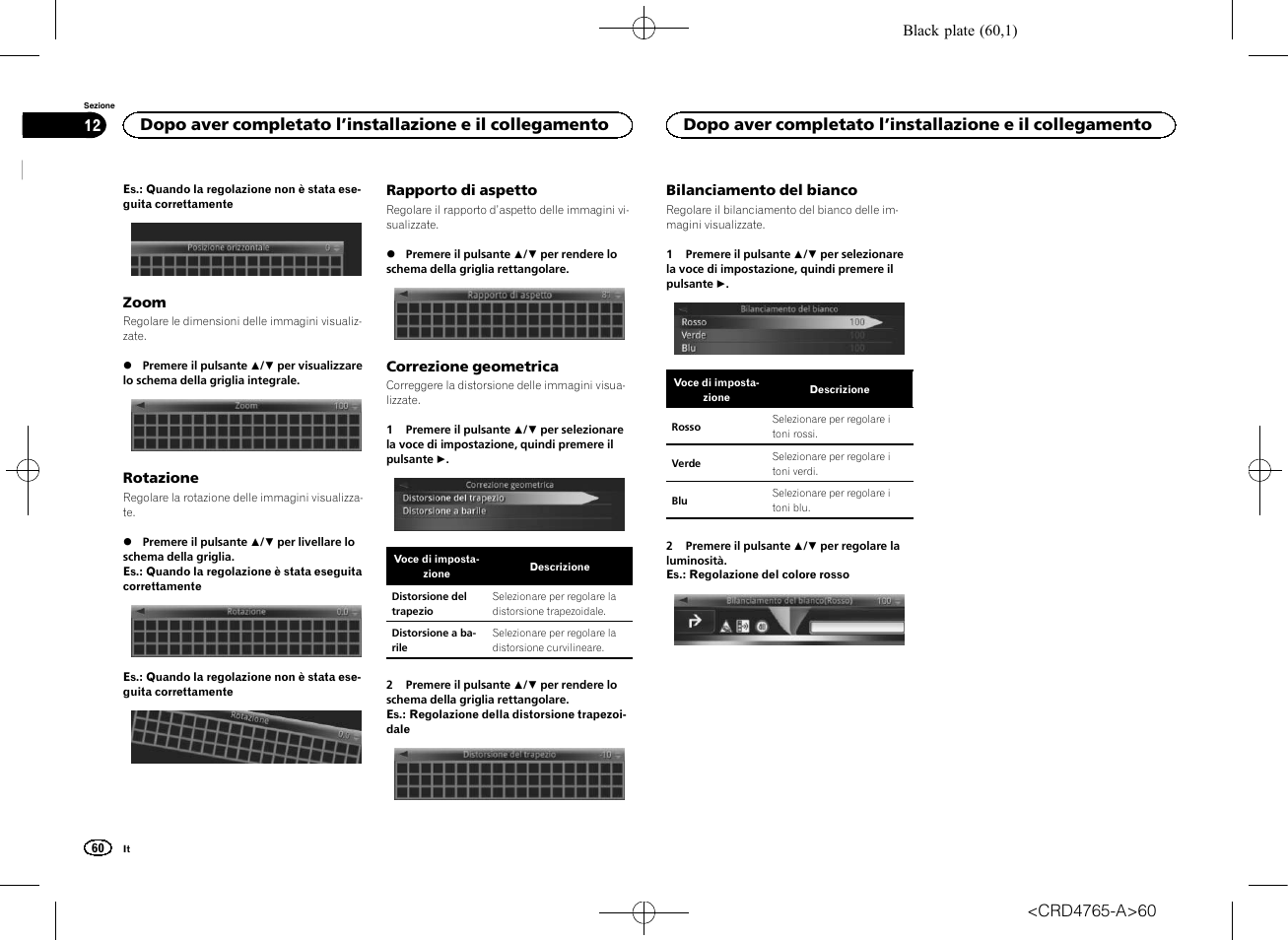 Zoom, Rotazione, Rapporto di aspetto | Correzione geometrica, Bilanciamento del bianco | Pioneer SPX-HUD01 User Manual | Page 60 / 148