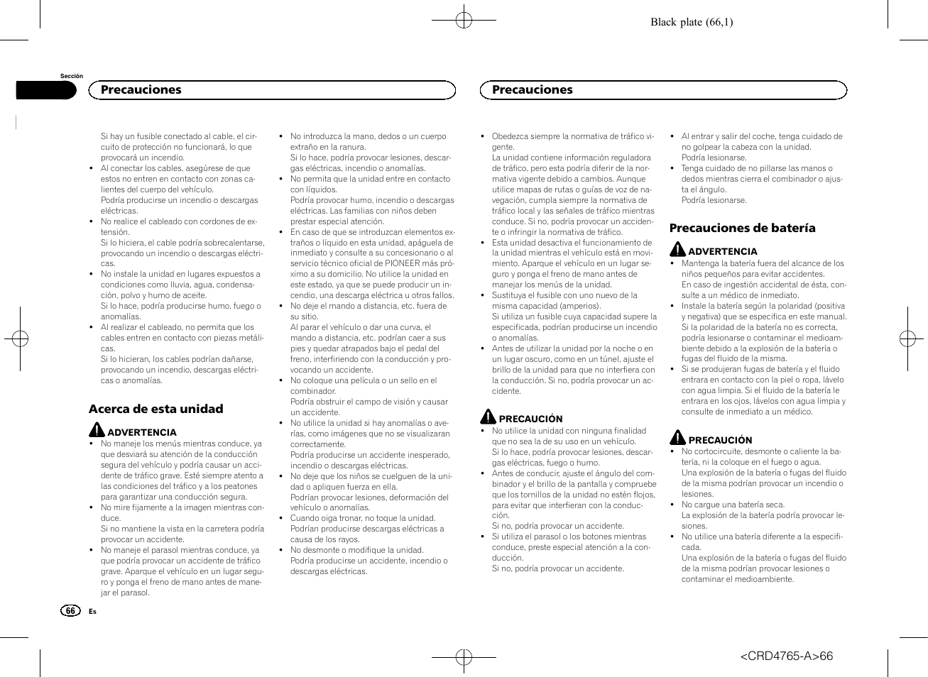 Acerca de esta unidad, Precauciones de batería, Precauciones | Pioneer SPX-HUD01 User Manual | Page 66 / 148