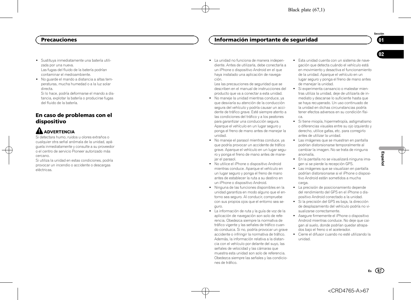 En caso de problemas con el, Dispositivo, Información importante de seguridad | En caso de problemas con el dispositivo, Precauciones | Pioneer SPX-HUD01 User Manual | Page 67 / 148