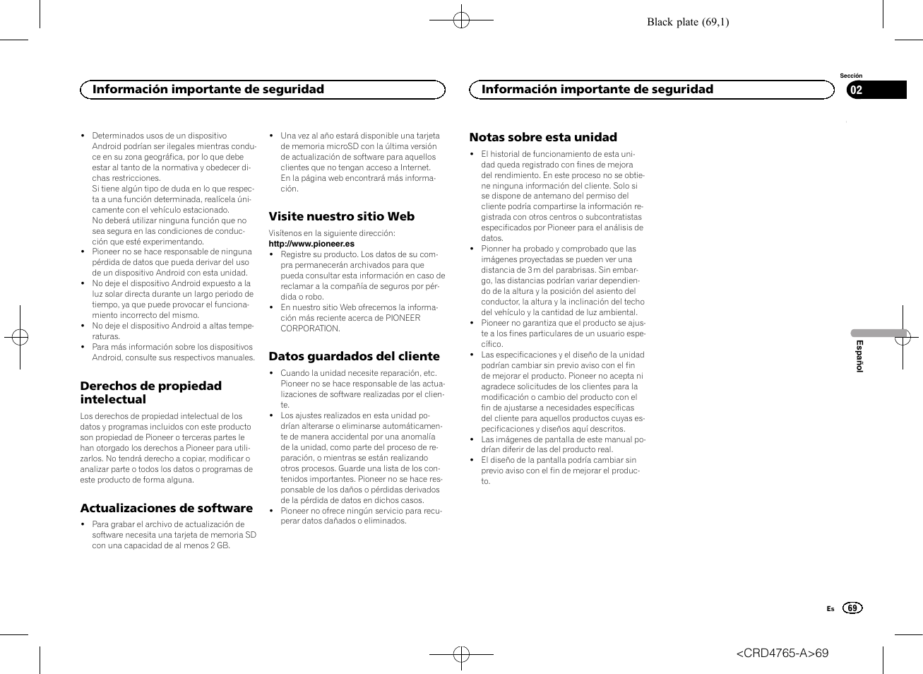 Derechos de propiedad intelectual, Actualizaciones de software, Visite nuestro sitio web | Datos guardados del cliente, Notas sobre esta unidad | Pioneer SPX-HUD01 User Manual | Page 69 / 148