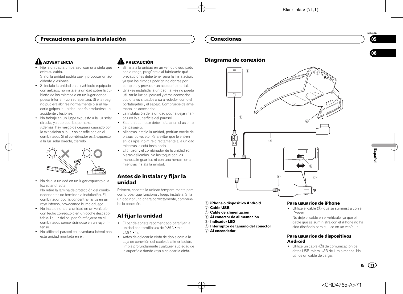 Al fijar la unidad, Conexiones diagrama de conexión | Pioneer SPX-HUD01 User Manual | Page 71 / 148