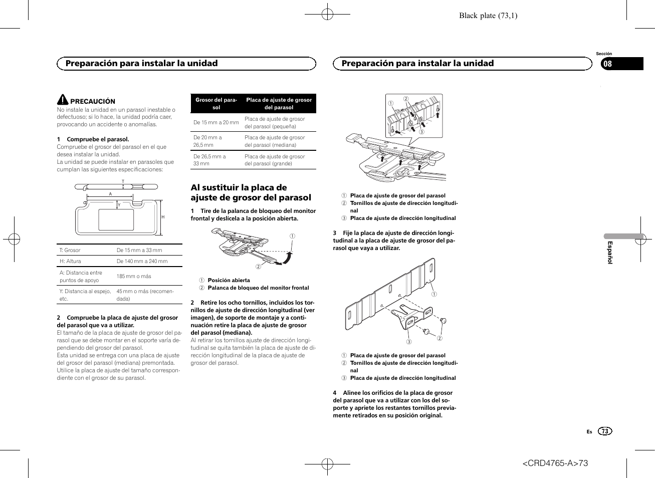 Parasol, Preparación para instalar la unidad | Pioneer SPX-HUD01 User Manual | Page 73 / 148