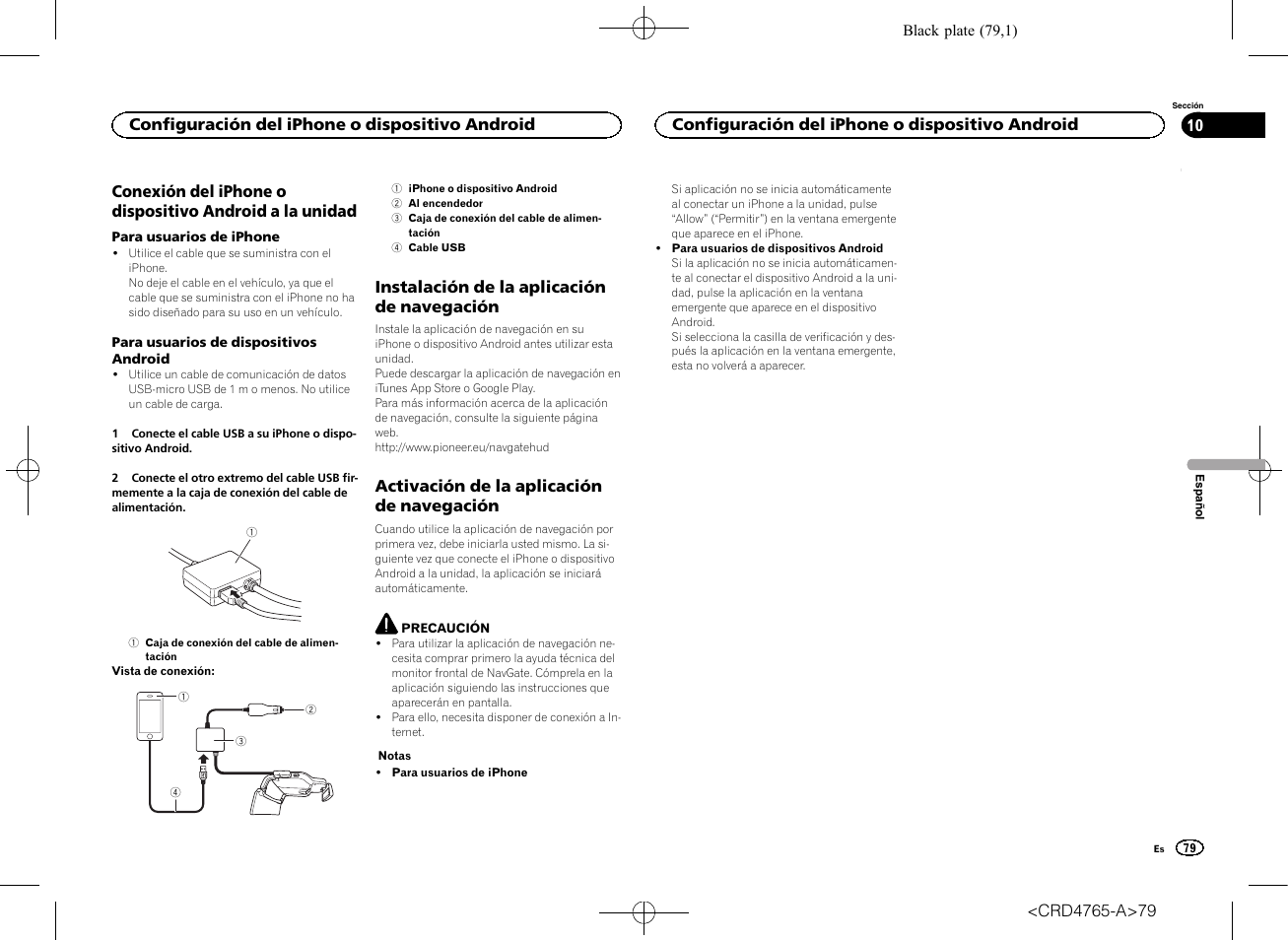 La unidad, Instalación de la aplicación de, Navegación | Activación de la aplicación de | Pioneer SPX-HUD01 User Manual | Page 79 / 148