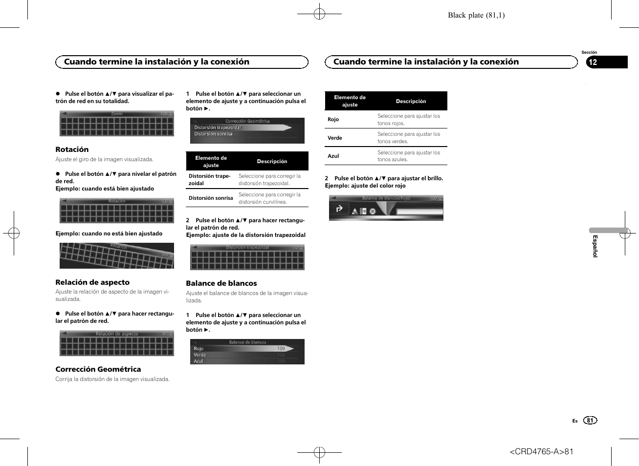 Rotación, Relación de aspecto, Corrección geométrica | Balance de blancos, Cuando termine la instalación y la conexión | Pioneer SPX-HUD01 User Manual | Page 81 / 148