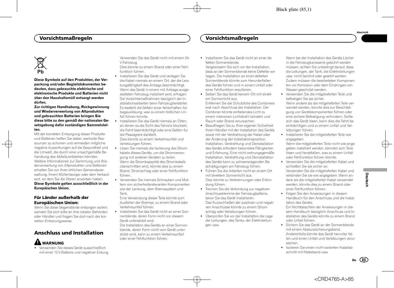 Anschluss und installation, Vorsichtsmaßregeln | Pioneer SPX-HUD01 User Manual | Page 85 / 148