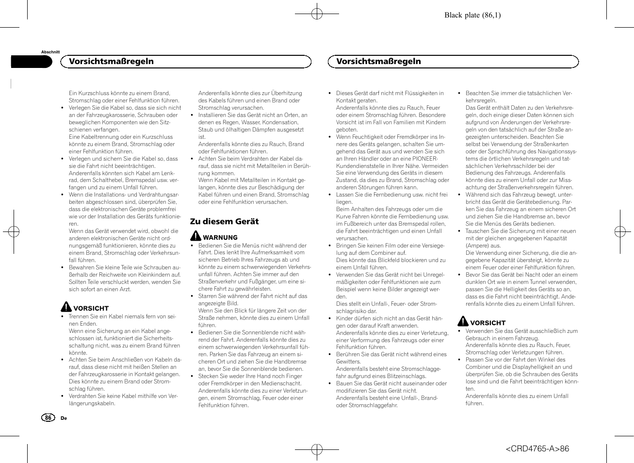 Zu diesem gerät, Vorsichtsmaßregeln | Pioneer SPX-HUD01 User Manual | Page 86 / 148