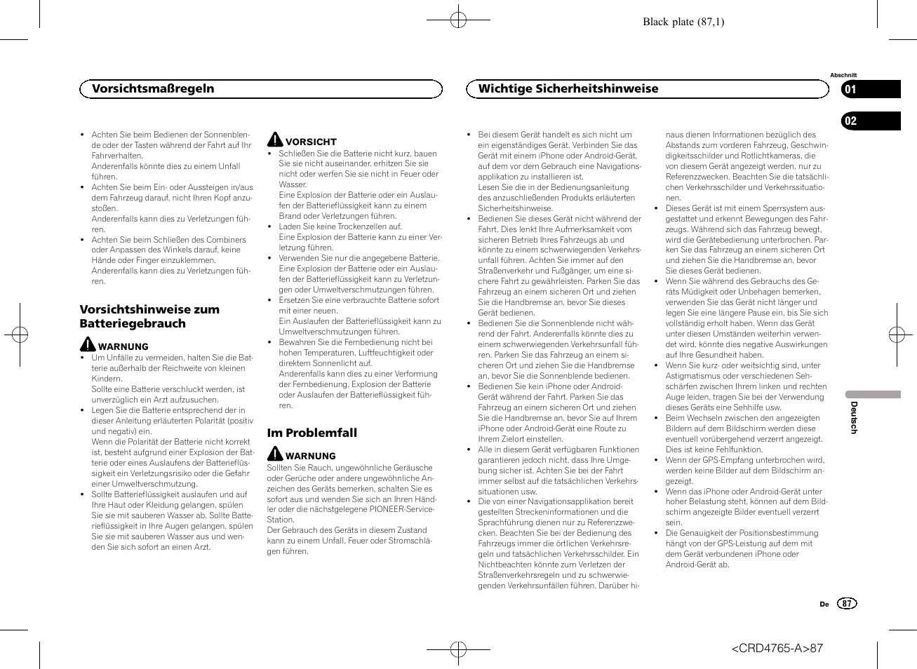 Vorsichtshinweise zum, Batteriegebrauch, Im problemfall | Wichtige sicherheitshinweise, Vorsichtshinweise zum batteriegebrauch, Vorsichtsmaßregeln | Pioneer SPX-HUD01 User Manual | Page 87 / 148