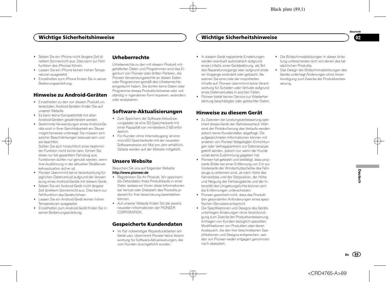 Hinweise zu android-geräten, Urheberrechte, Software-aktualisierungen | Unsere website, Gespeicherte kundendaten, Hinweise zu diesem gerät | Pioneer SPX-HUD01 User Manual | Page 89 / 148