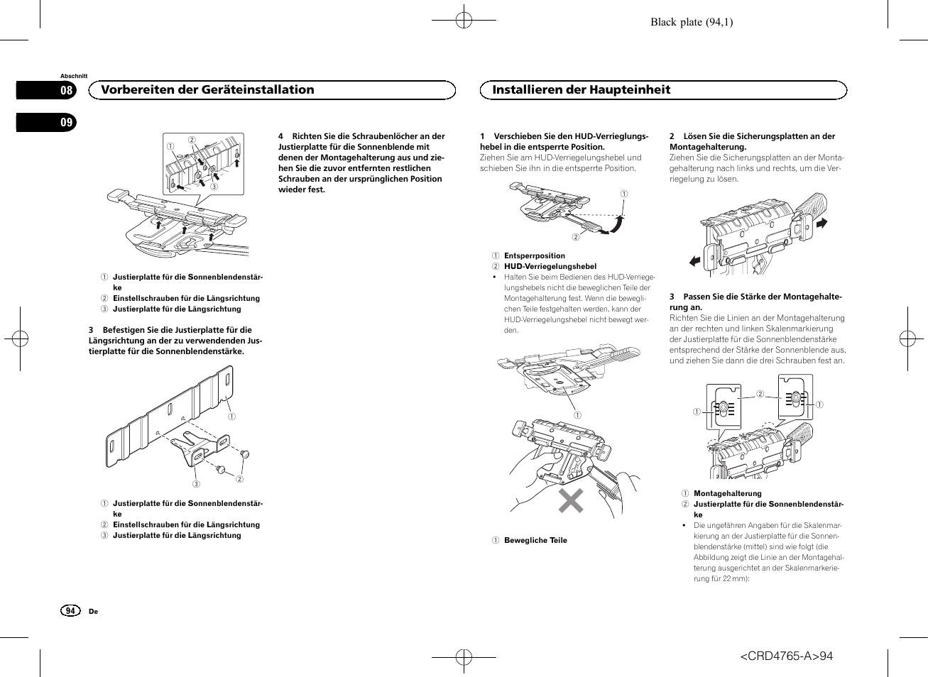 Installieren der haupteinheit, Vorbereiten der geräteinstallation | Pioneer SPX-HUD01 User Manual | Page 94 / 148