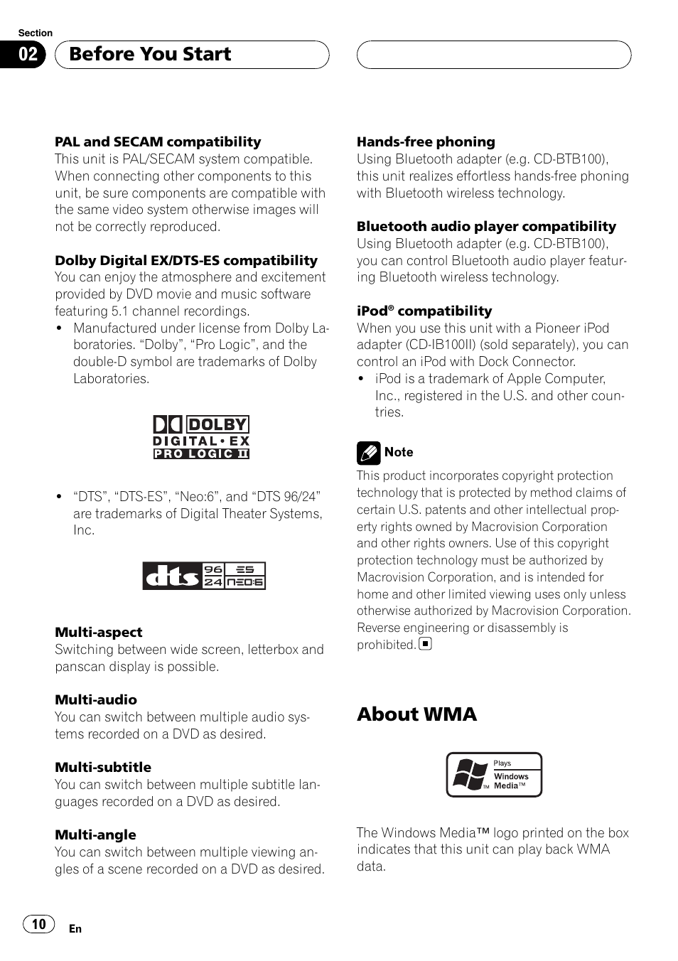 About wma, Before you start | Pioneer AVH-P7800DVD User Manual | Page 10 / 131