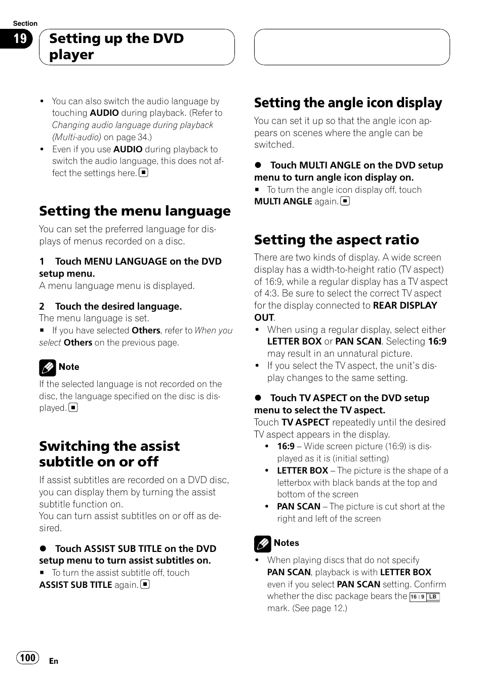 Setting the menu language, Switching the assist subtitle on or off, Setting the angle icon display | Setting the aspect ratio, Setting up the dvd player | Pioneer AVH-P7800DVD User Manual | Page 100 / 131