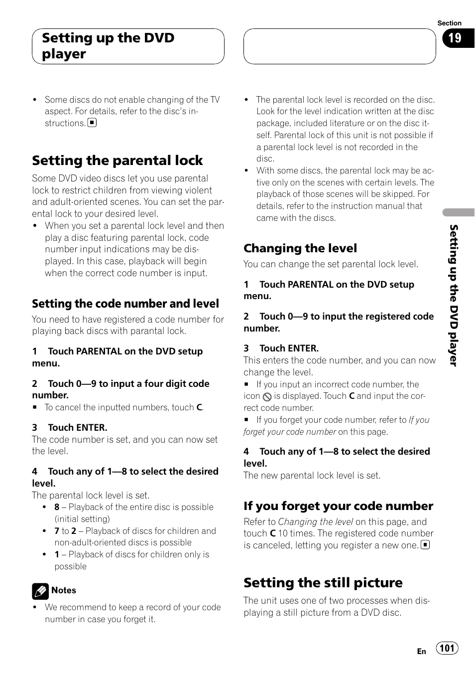 Setting the parental lock, Setting the still picture, Setting up the dvd player | Setting the code number and level, Changing the level, If you forget your code number | Pioneer AVH-P7800DVD User Manual | Page 101 / 131