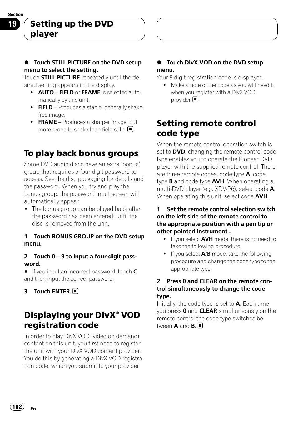 To play back bonus groups, Displaying your divx® vod registration, Code | Setting remote control code type, Displaying your divx, Vod registration code, Setting up the dvd player | Pioneer AVH-P7800DVD User Manual | Page 102 / 131