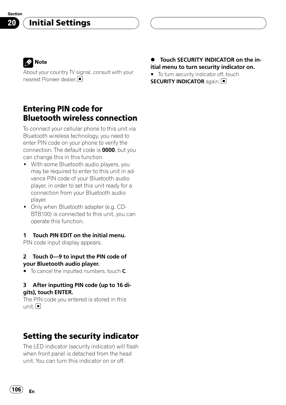 Entering pin code for bluetooth wireless, Connection, Setting the security indicator | Initial settings | Pioneer AVH-P7800DVD User Manual | Page 106 / 131