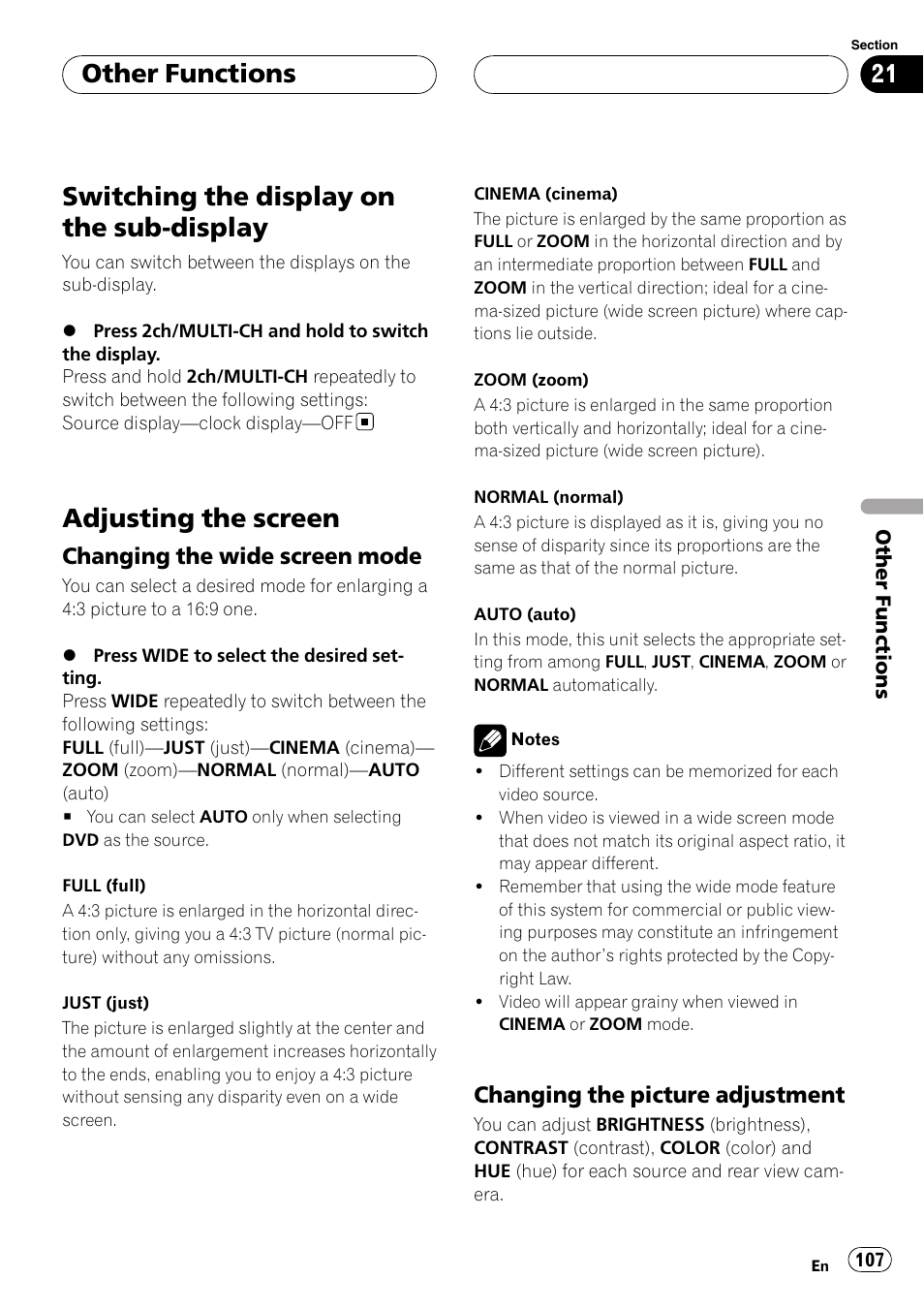 Other functions switching the display on the sub, Display, Adjusting the screen | Switching the display on the sub-display, Other functions, Changing the wide screen mode, Changing the picture adjustment | Pioneer AVH-P7800DVD User Manual | Page 107 / 131