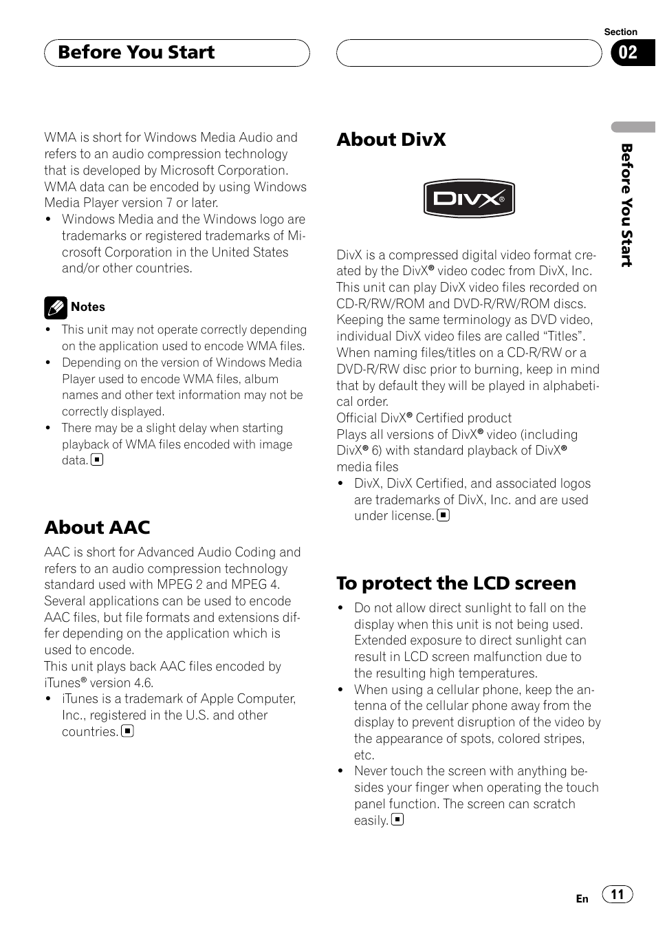About aac, About divx, To protect the lcd screen | Before you start | Pioneer AVH-P7800DVD User Manual | Page 11 / 131