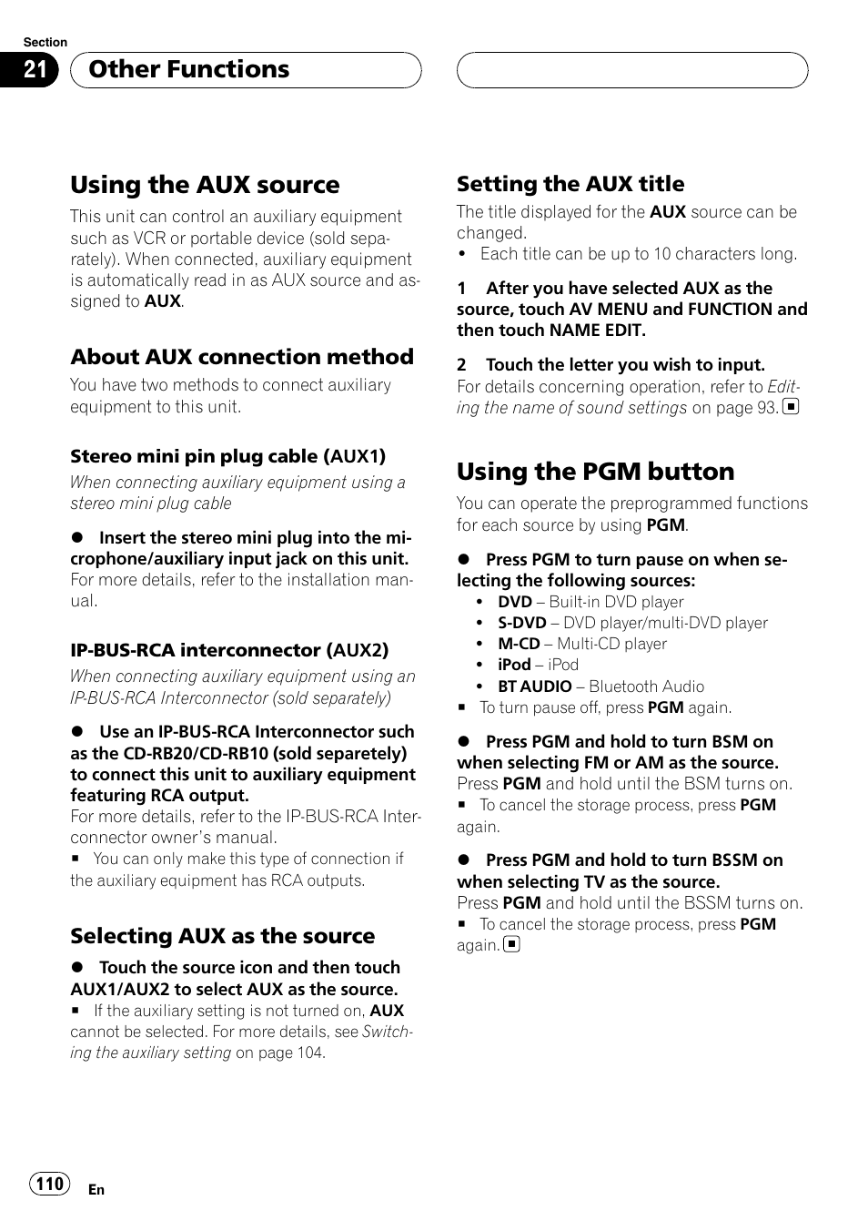 Using the aux source, Using the pgm button, Other functions | Pioneer AVH-P7800DVD User Manual | Page 110 / 131