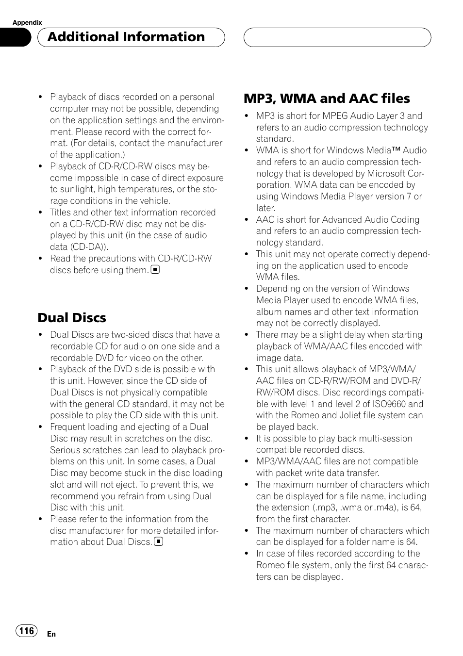 Dual discs, Mp3, wma and aac files, Additional information | Pioneer AVH-P7800DVD User Manual | Page 116 / 131