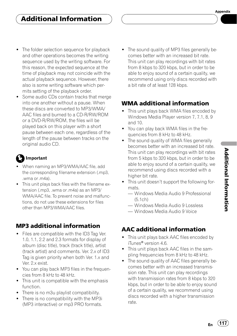 Additional information, Mp3 additional information, Wma additional information | Aac additional information | Pioneer AVH-P7800DVD User Manual | Page 117 / 131