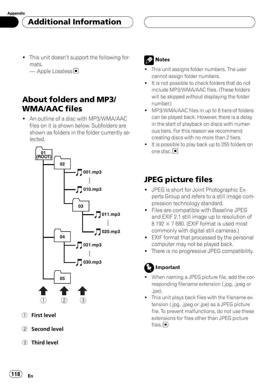 About folders and mp3/wma/aac files, Jpeg picture files, About folders and mp3/ wma/aac files | Additional information | Pioneer AVH-P7800DVD User Manual | Page 118 / 131