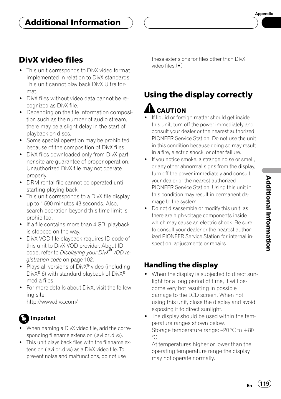 Divx video files, Using the display correctly, Additional information | Handling the display | Pioneer AVH-P7800DVD User Manual | Page 119 / 131