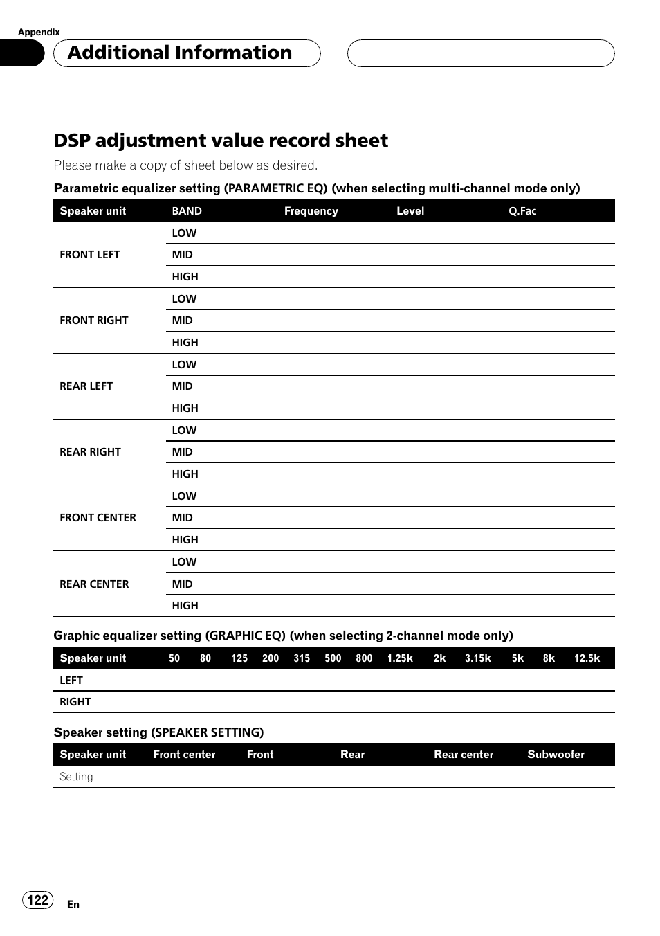 Dsp adjustment value record sheet, Additional information | Pioneer AVH-P7800DVD User Manual | Page 122 / 131