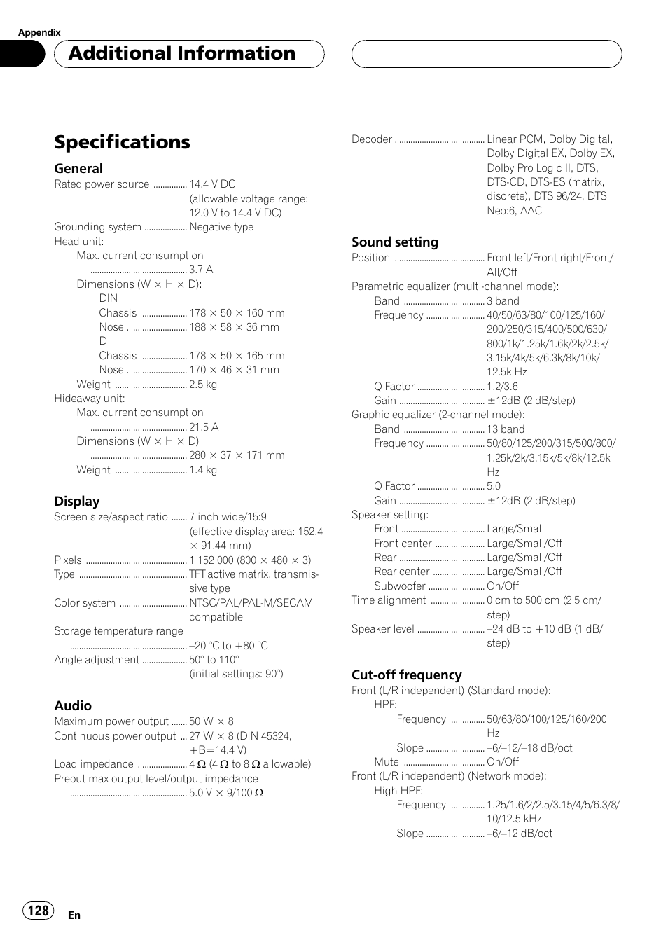 Specifications, Additional information | Pioneer AVH-P7800DVD User Manual | Page 128 / 131