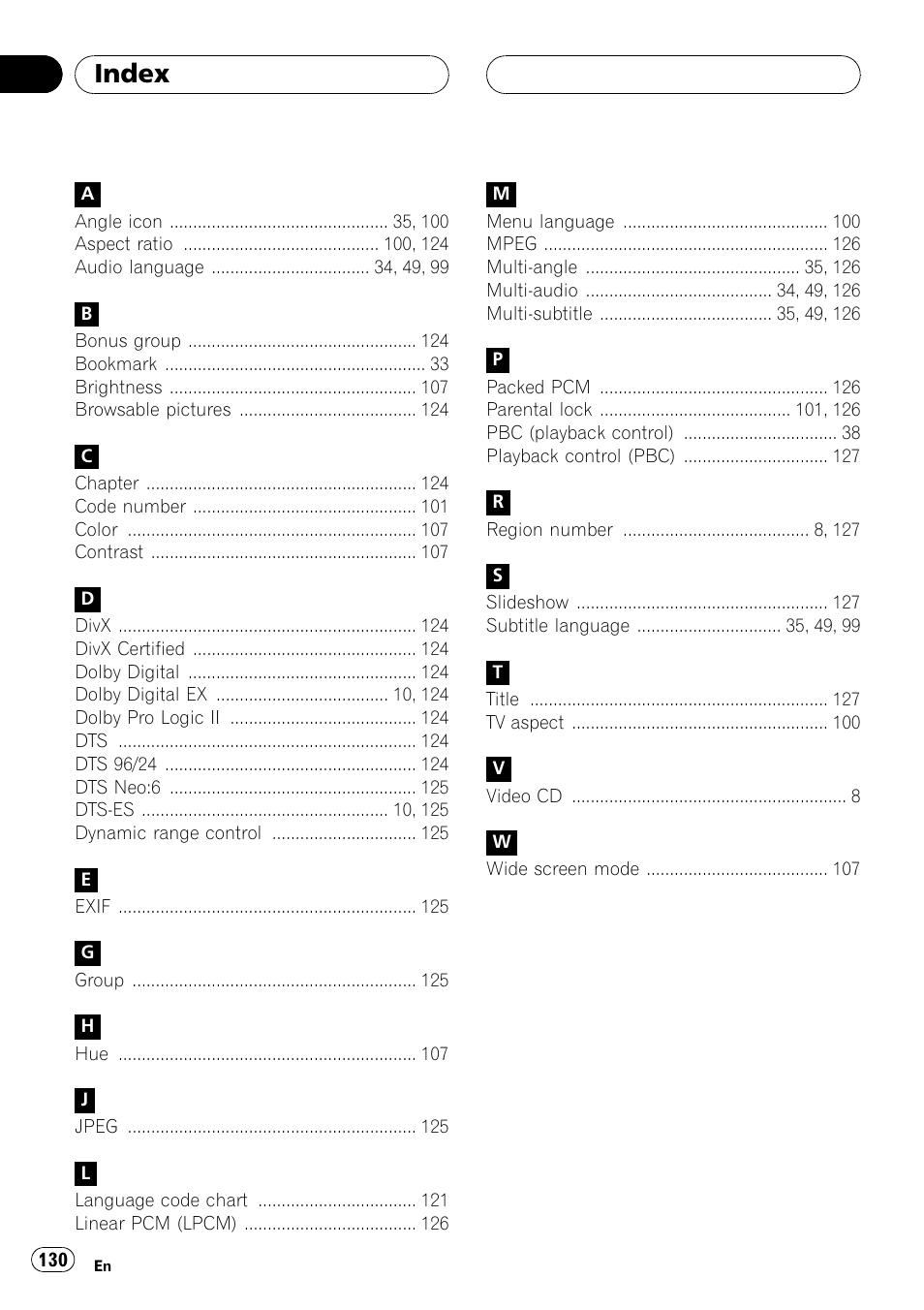 Index | Pioneer AVH-P7800DVD User Manual | Page 130 / 131