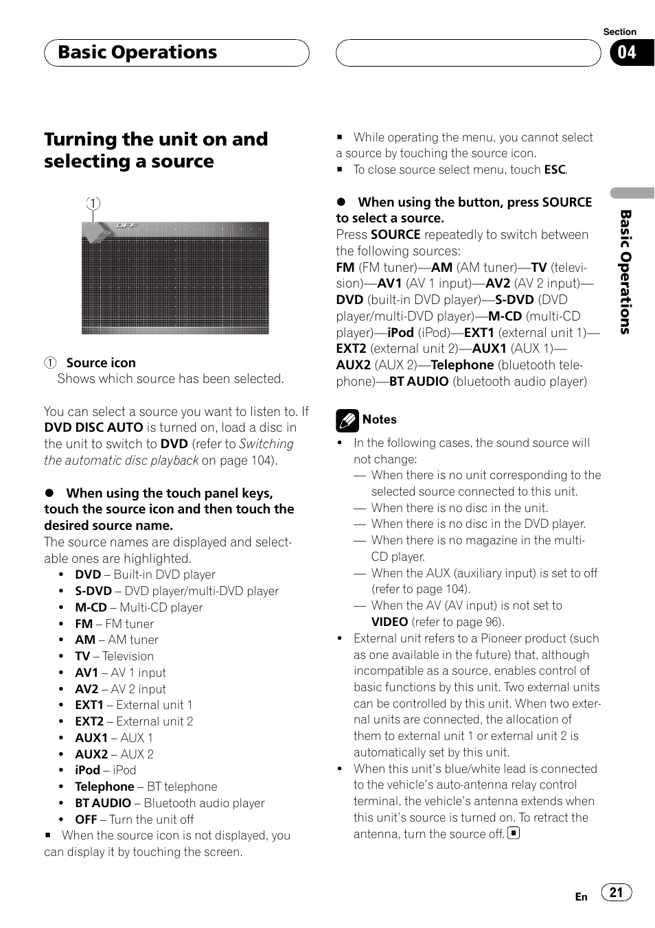Source, Turning the unit on and selecting a source, Basic operations | Pioneer AVH-P7800DVD User Manual | Page 21 / 131