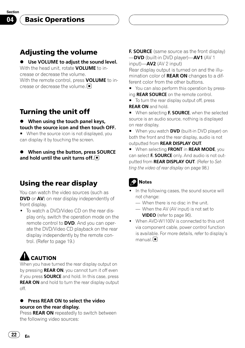 Adjusting the volume, Turning the unit off, Using the rear display | Basic operations | Pioneer AVH-P7800DVD User Manual | Page 22 / 131
