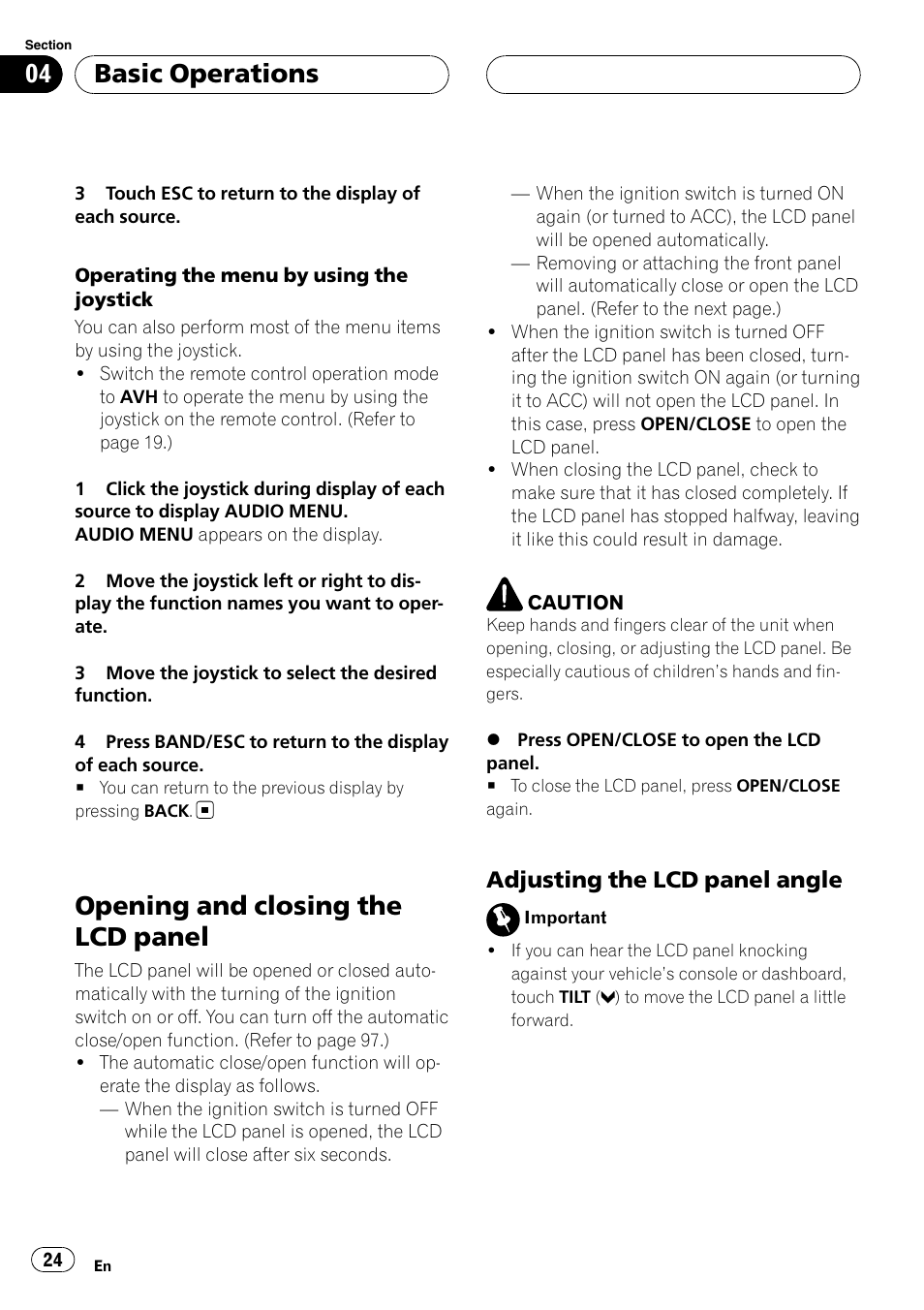 Opening and closing the lcd panel, Basic operations, Adjusting the lcd panel angle | Pioneer AVH-P7800DVD User Manual | Page 24 / 131