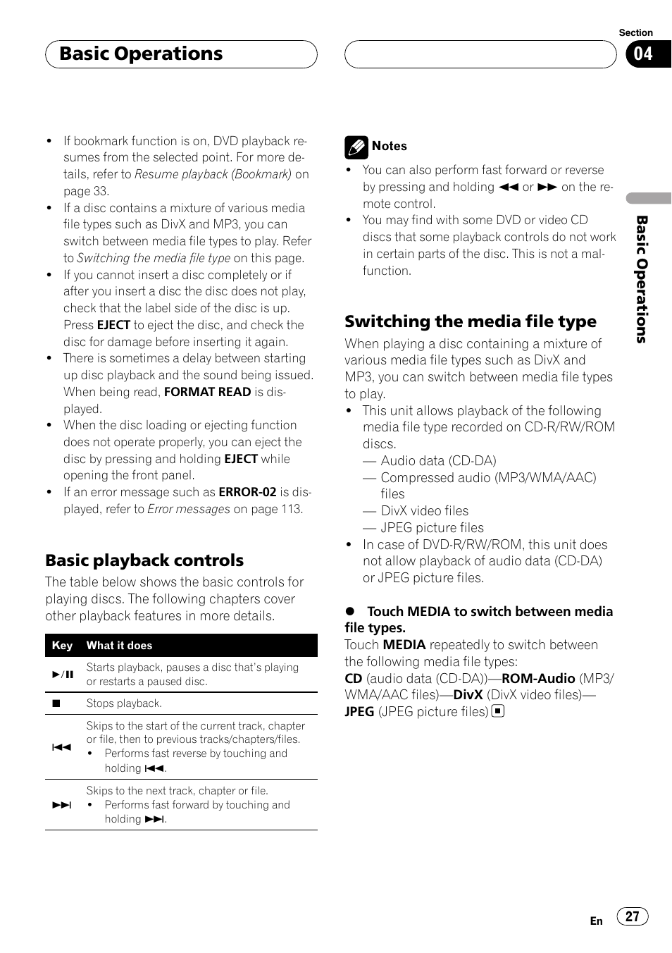 Basic operations, Basic playback controls, Switching the media file type | Pioneer AVH-P7800DVD User Manual | Page 27 / 131