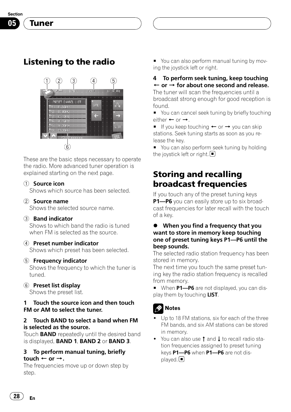 Tuner listening to the radio, Storing and recalling broadcast, Frequencies | Listening to the radio, Storing and recalling broadcast frequencies, Tuner | Pioneer AVH-P7800DVD User Manual | Page 28 / 131