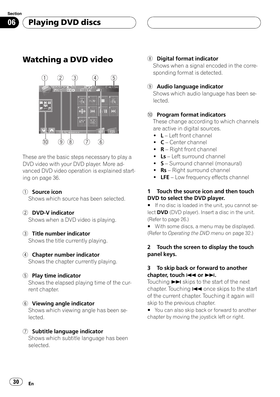 Playing dvd discs watching a dvd video, Watching a dvd video, Playing dvd discs | Pioneer AVH-P7800DVD User Manual | Page 30 / 131