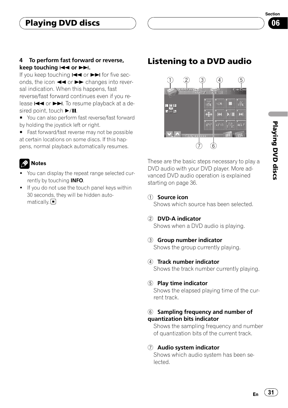 Listening to a dvd audio, Playing dvd discs | Pioneer AVH-P7800DVD User Manual | Page 31 / 131