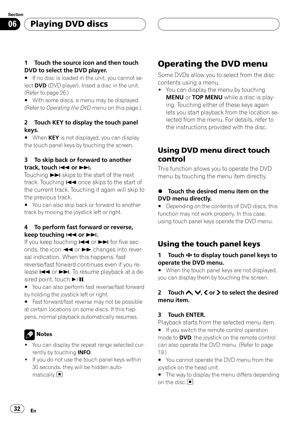 Operating the dvd menu, Playing dvd discs, Using dvd menu direct touch control | Using the touch panel keys | Pioneer AVH-P7800DVD User Manual | Page 32 / 131