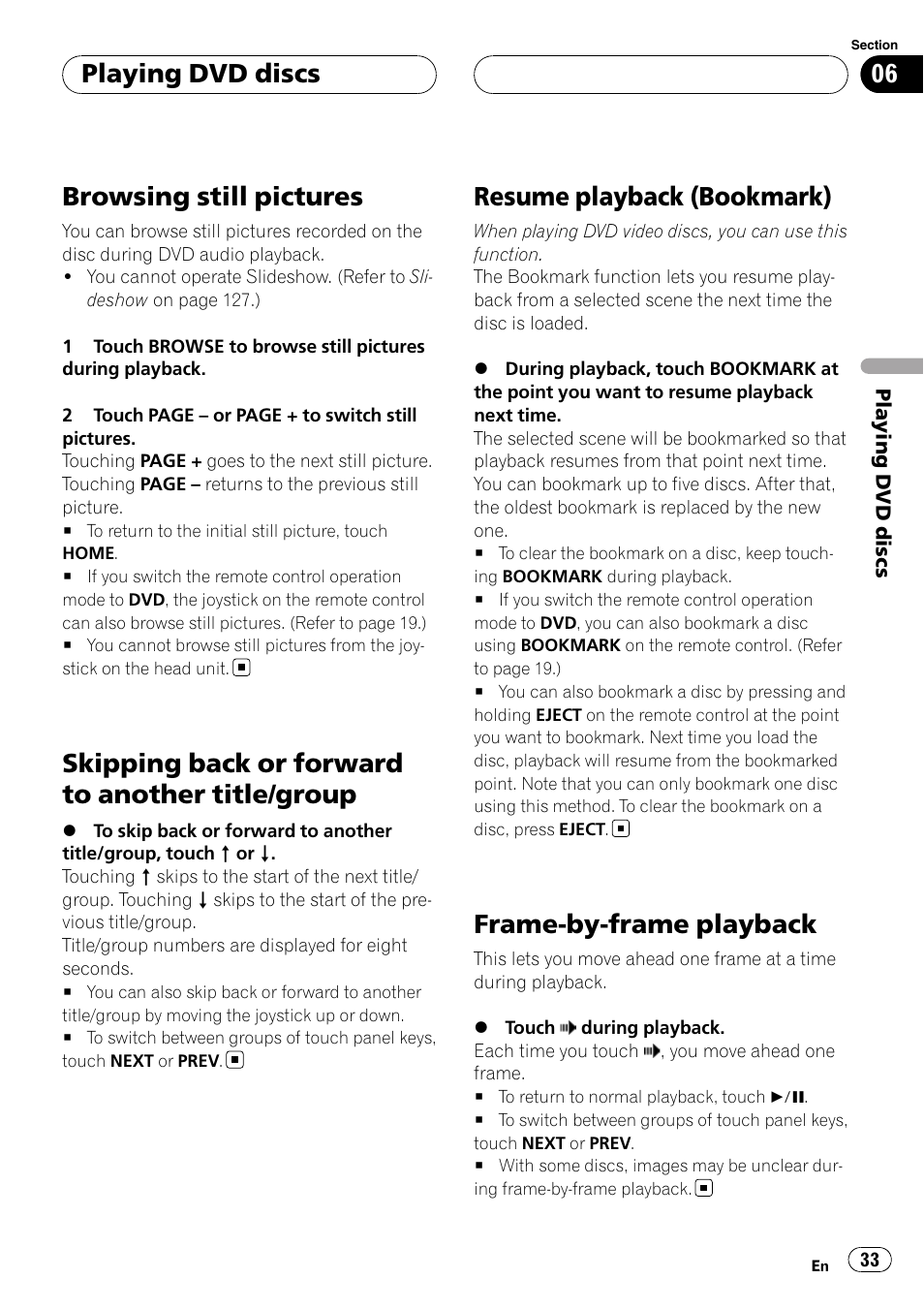 Browsing still pictures, Skipping back or forward to another title, Group | Resume playback (bookmark), Frame-by-frame playback, Skipping back or forward to another title/group, Playing dvd discs | Pioneer AVH-P7800DVD User Manual | Page 33 / 131