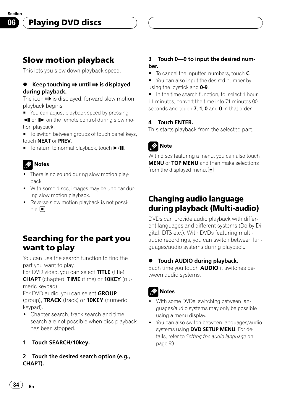 Slow motion playback, Searching for the part you want to play, Changing audio language during playback | Multi-audio), Playing dvd discs | Pioneer AVH-P7800DVD User Manual | Page 34 / 131
