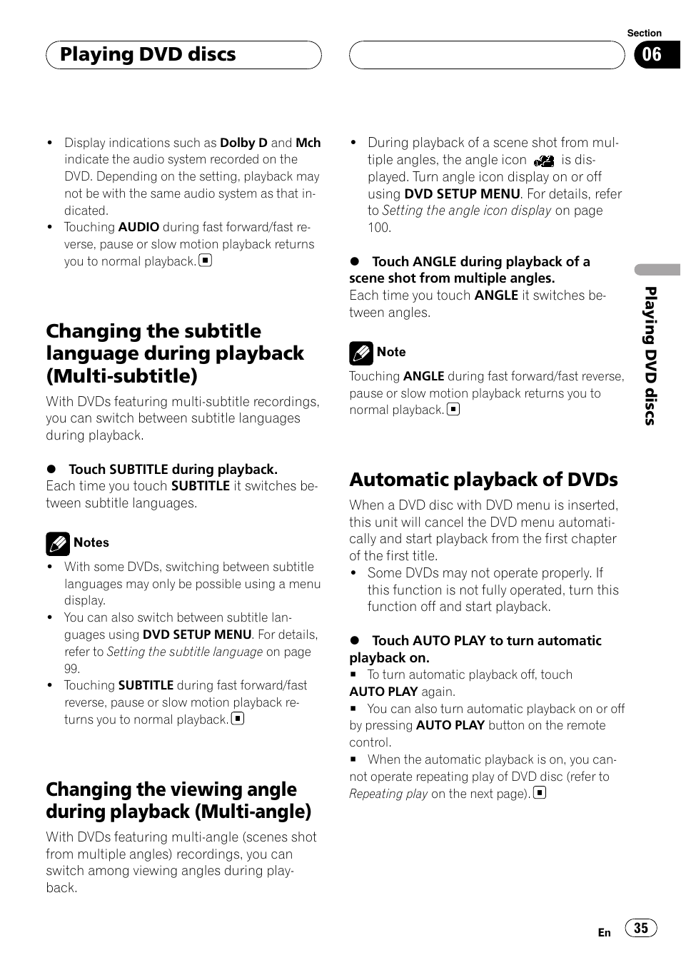 Changing the subtitle language during, Playback (multi-subtitle), Changing the viewing angle during playback | Multi-angle), Automatic playback of dvds, Playing dvd discs | Pioneer AVH-P7800DVD User Manual | Page 35 / 131